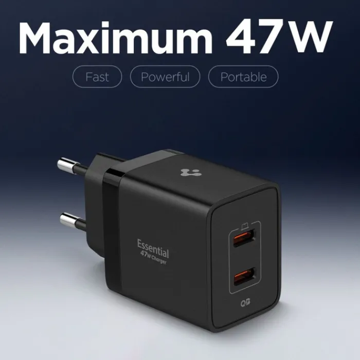 Spigen Ładowarki-ŁADOWARKA SIECIOWA ESSENTIAL EE472EU 2-PORTOWA 47W CZARNA