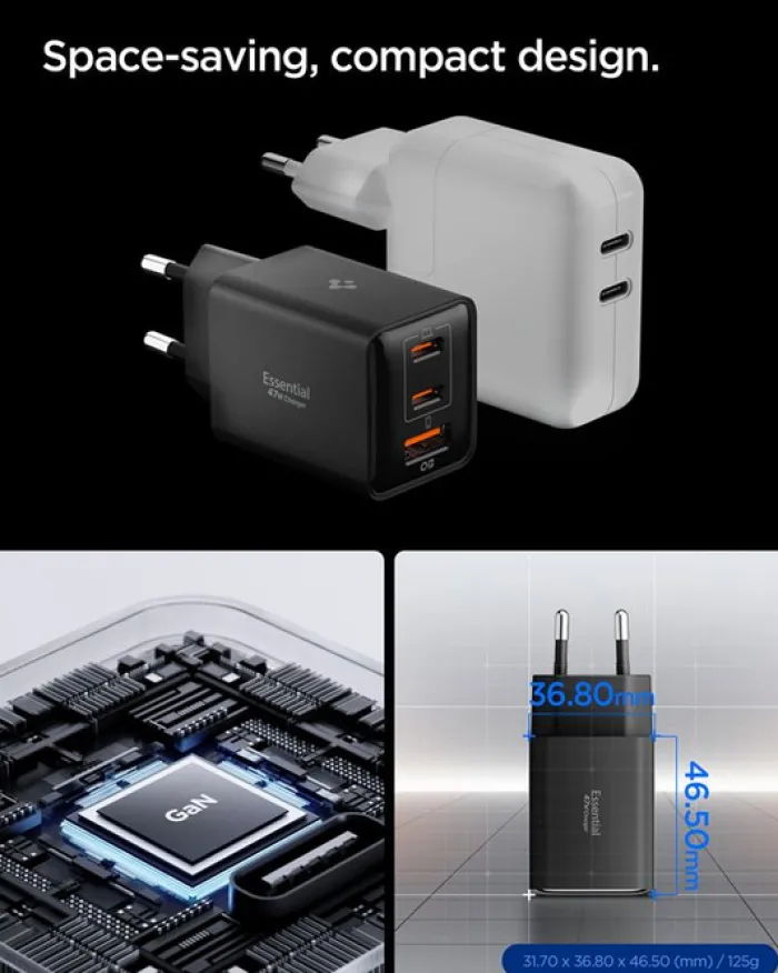 Spigen Ładowarki-ŁADOWARKA SIECIOWA ESSENTIAL 47W USB-C USB-A EE473EU CZARNA
