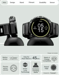 Spigen Pixel Watch 4 45Mm|Google-ETUI GOOGLE PIXEL WATCH 4 45mm RUGGED ARMOR PRO Z PODSTAWKĄ CZARNE