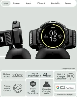 Spigen Google-ETUI Z PASKIEM GOOGLE PIXEL WATCH 4 41MM RUGGED ARMOR PRO + STAND MATTE BLACK