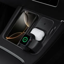 Spigen Ładowarki|Tesla-ORGANIZER Z UCHWYTEM DO ŁADOWARKI TESLA MODEL Y/3 3W1 WIRELESS CHARGING HUB MOUNT BLACK