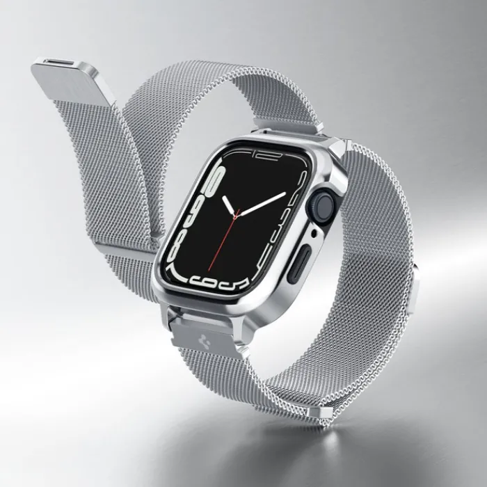 Spigen Apple Watch Se 44Mm|Apple Watch 9 45Mm-Pasek i Etui Metal Fit Pro Apple Watch 9 8 7 6 5 4 SE 2022 44 / 45 mm Srebny