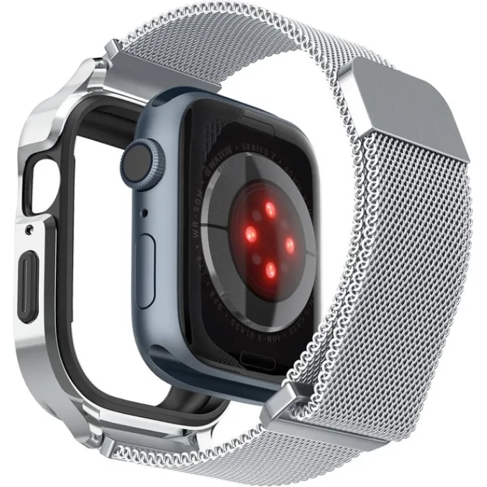 Spigen Apple Watch Se 44Mm|Apple Watch 9 45Mm-Pasek i Etui Metal Fit Pro Apple Watch 9 8 7 6 5 4 SE 2022 44 / 45 mm Srebny