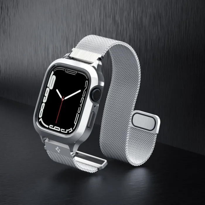 Spigen Apple Watch Se 44Mm|Apple Watch 9 45Mm-Pasek i Etui Metal Fit Pro Apple Watch 9 8 7 6 5 4 SE 2022 44 / 45 mm Srebny